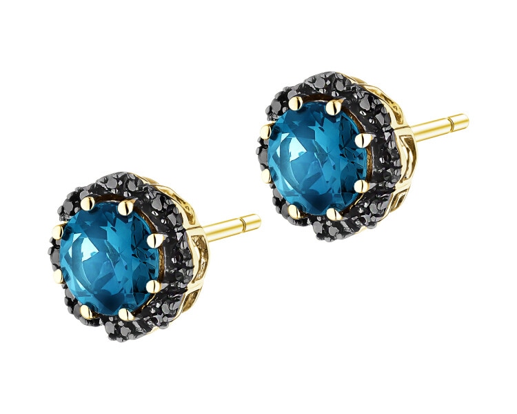 Zlaté náušnice s černými brilianty a topazy London Blue - ryzost 585