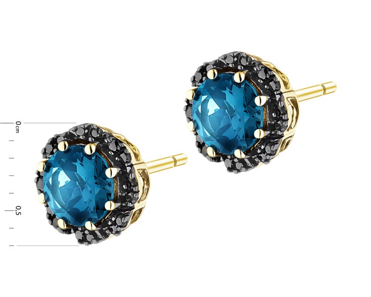 Zlaté náušnice s černými brilianty a topazy London Blue - ryzost 585