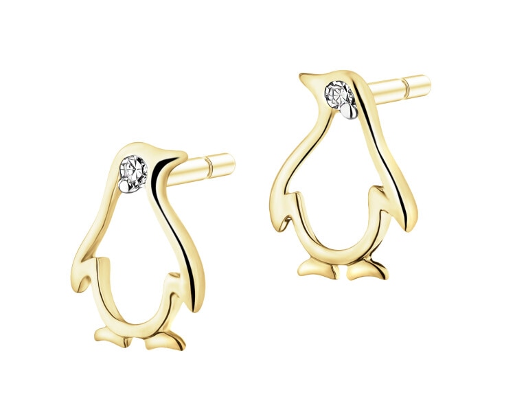 Kolczyki z żółtego złota z diamentami - pingwiny - 0,01 ct - próba 375