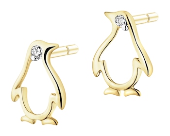 Kolczyki z żółtego złota z diamentami - pingwiny - 0,01 ct - próba 375