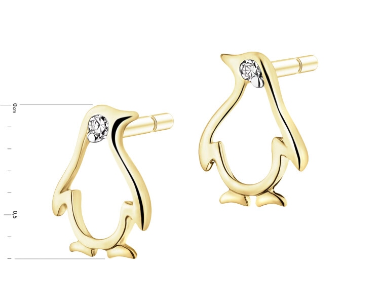 Kolczyki z żółtego złota z diamentami - pingwiny - 0,01 ct - próba 375