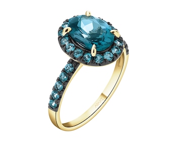 Pierścionek z żółtego złota z diamentami i topazami London Blue - próba 585