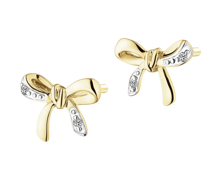 Kolczyki z żółtego złota z diamentami - kokardki - 0,01 ct - próba 375