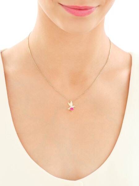 Zawieszka z żółtego złota z brylantami i rubinem syntetycznym - koliber, serce - próba 375