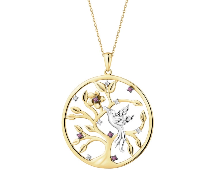 Zawieszka z żółtego złota z diamentami i rodolitami - drzewko, ptak - próba 375