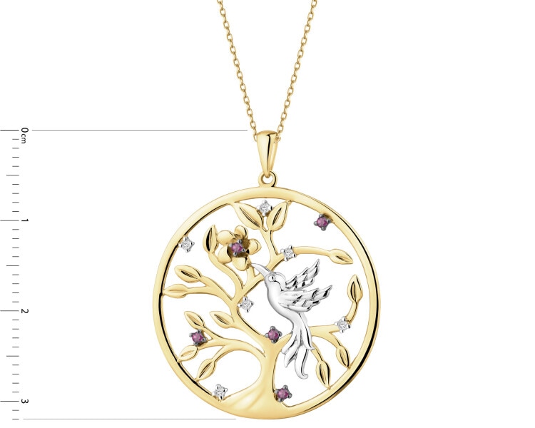 Zawieszka z żółtego złota z diamentami i rodolitami - drzewko, ptak - próba 375