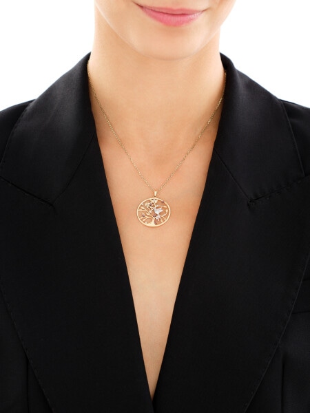 Zawieszka z żółtego złota z diamentami i rodolitami - drzewko, ptak - próba 375