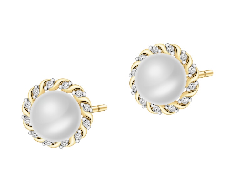 Zlaté náušnice s diamanty a perlami - ryzost 585