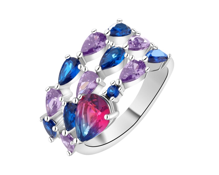 Stříbrný prsten se zirkony a broušeným sklem