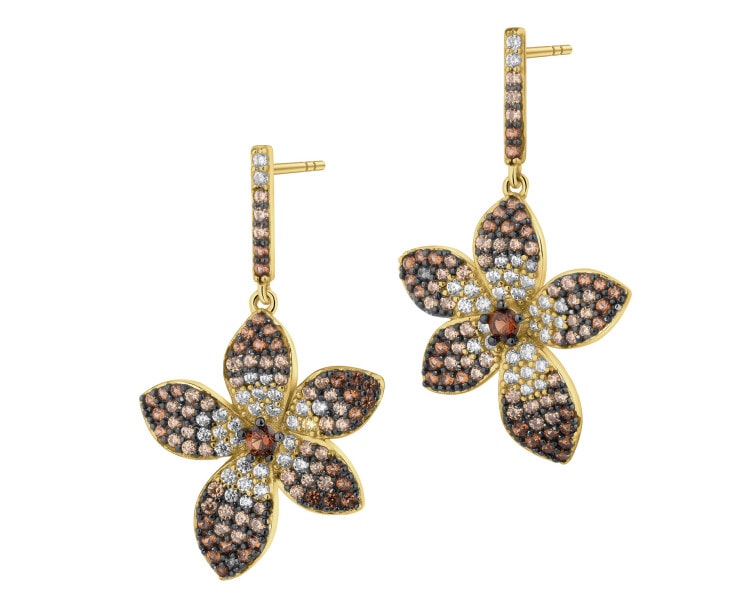 Pozlacené stříbrné náušnice se zirkony - květy