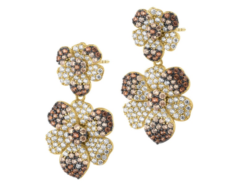 Pozlacené stříbrné náušnice se zirkony - květy
