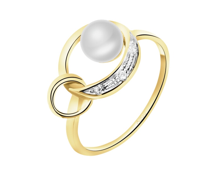 Złoty pierścionek z perłą i cyrkoniami