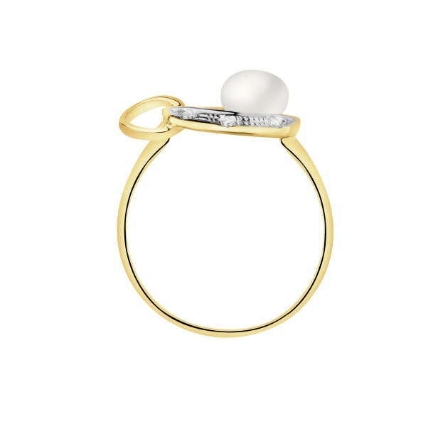 Złoty pierścionek z perłą i cyrkoniami
