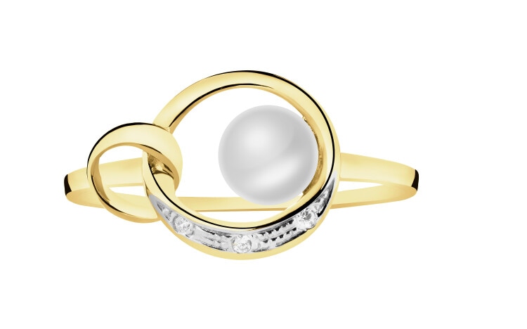 Złoty pierścionek z perłą i cyrkoniami
