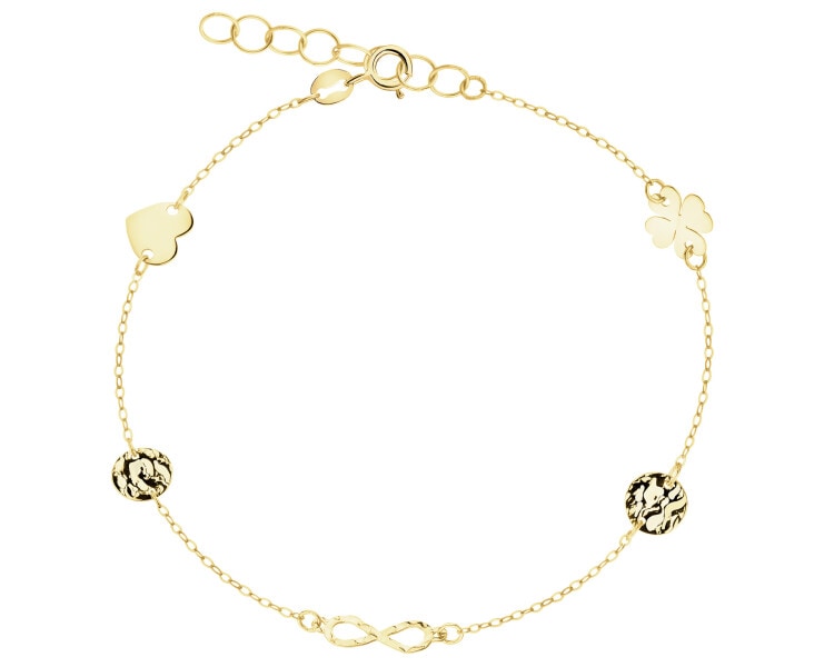 Złota bransoletka - serce, koniczyna, koła, nieskończoność