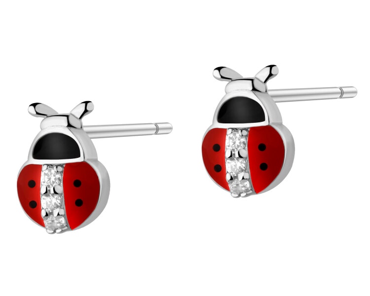 Stříbrné náušnice se zirkony a smaltem - berušky