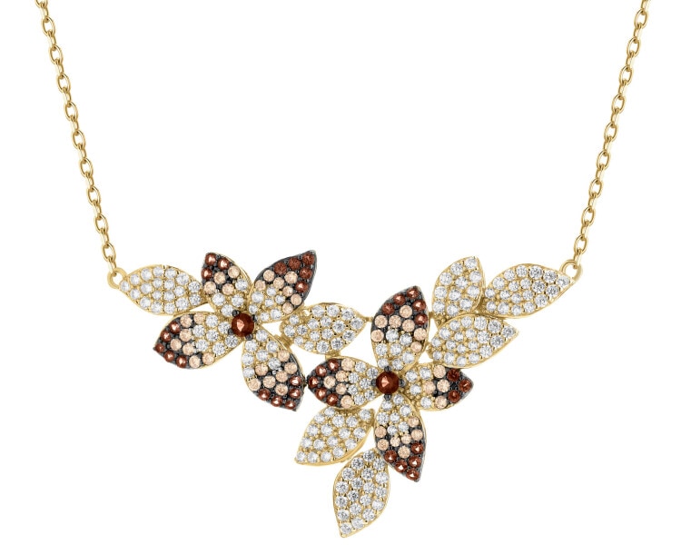 Naszyjnik srebrny z cyrkoniami - kwiaty, liście