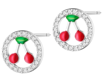 Kolczyki srebrne z cyrkoniami i emalią - wisienki, koła