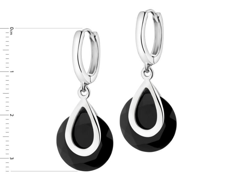Rhodium-Plated Brass, Rhodium-Plated Silver Dangling Earring with Agate