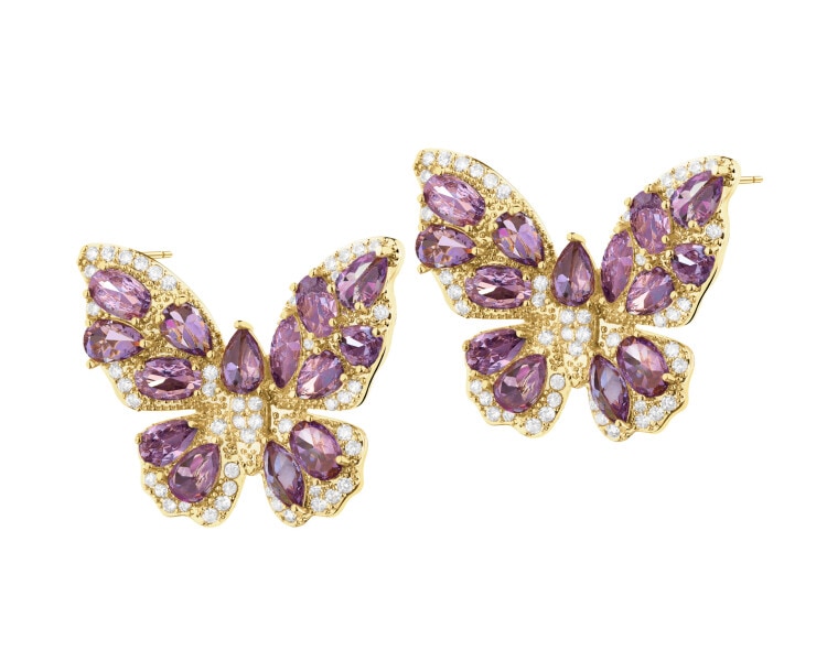 Gold-Plated Brass, Gold-Plated Silver Earrings with Cubic Zirconia