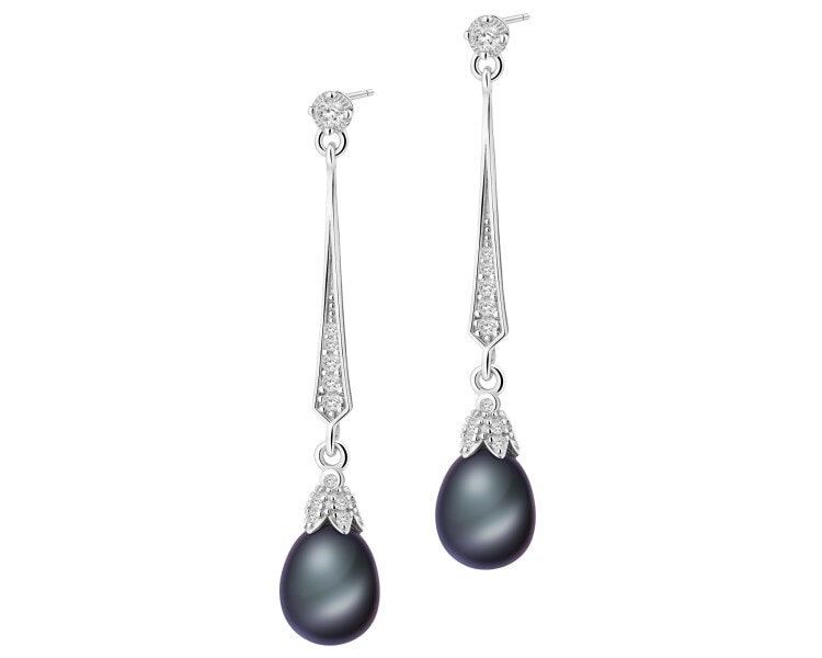 Rhodium Plated Silver Dangling Earring with Pearl