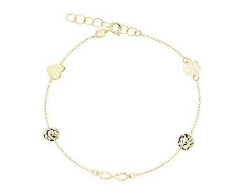 Złota bransoletka - serce, koniczyna, koła, nieskończoność