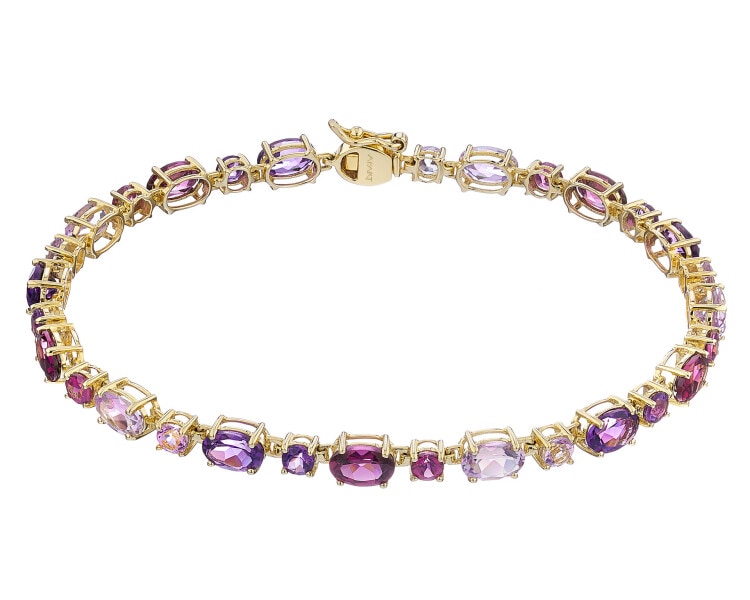 Bransoletka z żółtego złota z diamentem, ametystami i rodolitami - próba 585