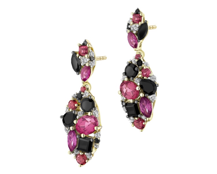 Kolczyki z żółtego złota z czarnymi brylantami i kamieniami ozdobnymi - próba 585