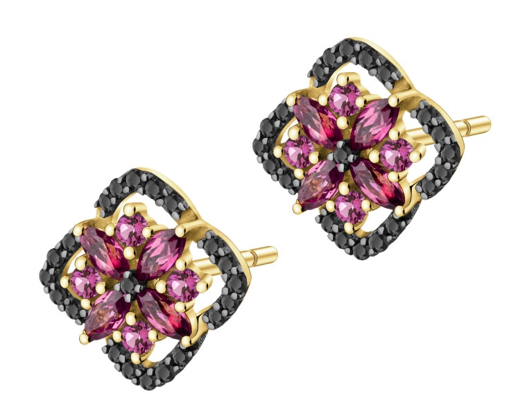 Kolczyki z żółtego złota z czarnymi brylantami i rodolitami - próba 585