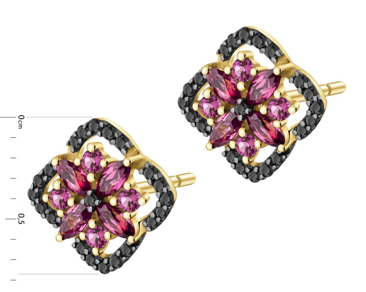 Kolczyki z żółtego złota z czarnymi brylantami i rodolitami - próba 585
