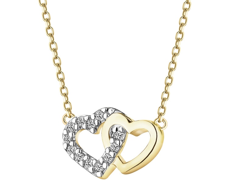 Naszyjnik z żółtego złota z diamentami - serca - 0,03 ct - próba 375
