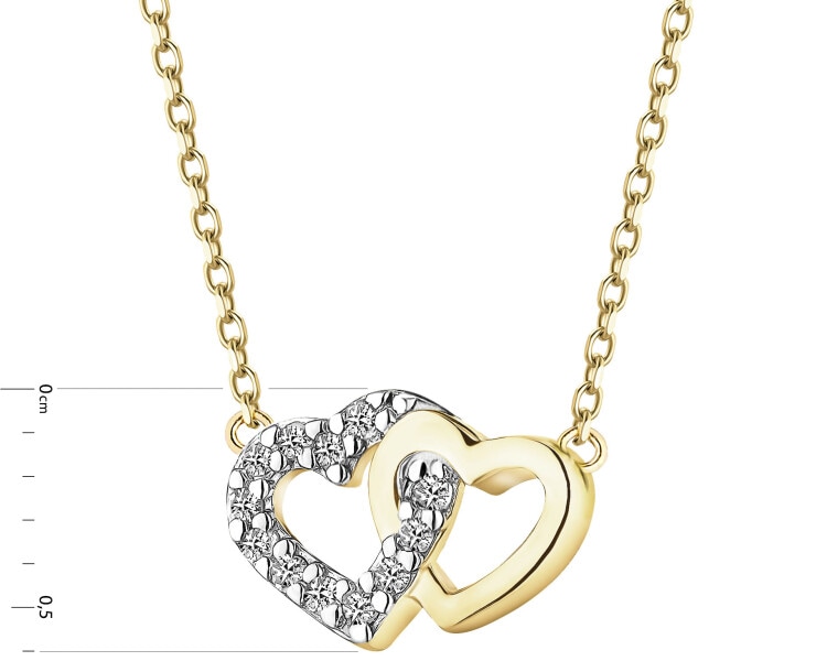 Naszyjnik z żółtego złota z diamentami - serca - 0,03 ct - próba 585