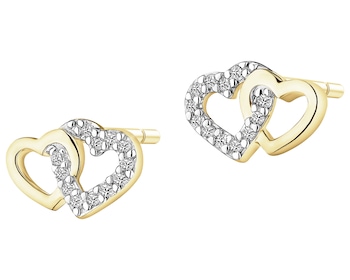 Kolczyki z żółtego złota z diamentami - serca - 0,05 ct - próba 375