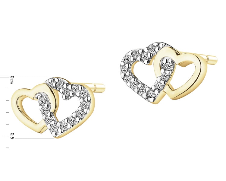 Kolczyki z żółtego złota z diamentami - serca - 0,05 ct - próba 375