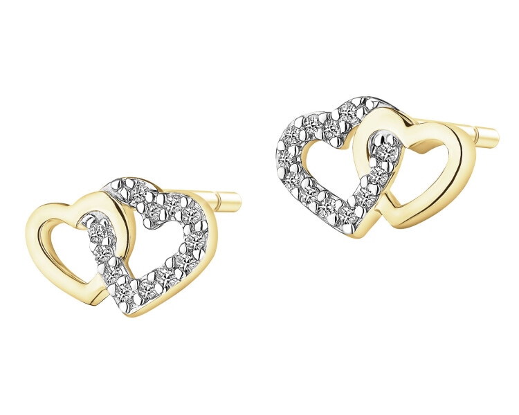 Kolczyki z żółtego złota z diamentami - serca - 0,05 ct - próba 585