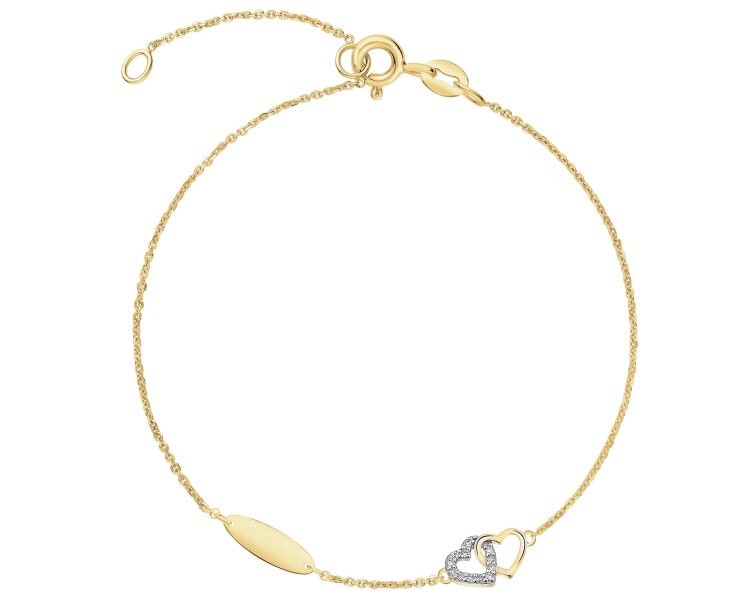 Bransoletka z żółtego złota z diamentami - serca - 0,03 ct - próba 375