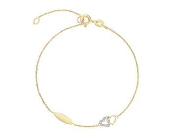 Bransoletka z żółtego złota z diamentami - serca - 0,03 ct - próba 375