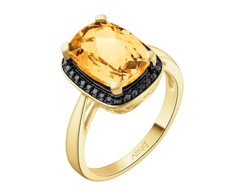 Zlatý prsten s černými brilianty a citrínem - ryzost 585