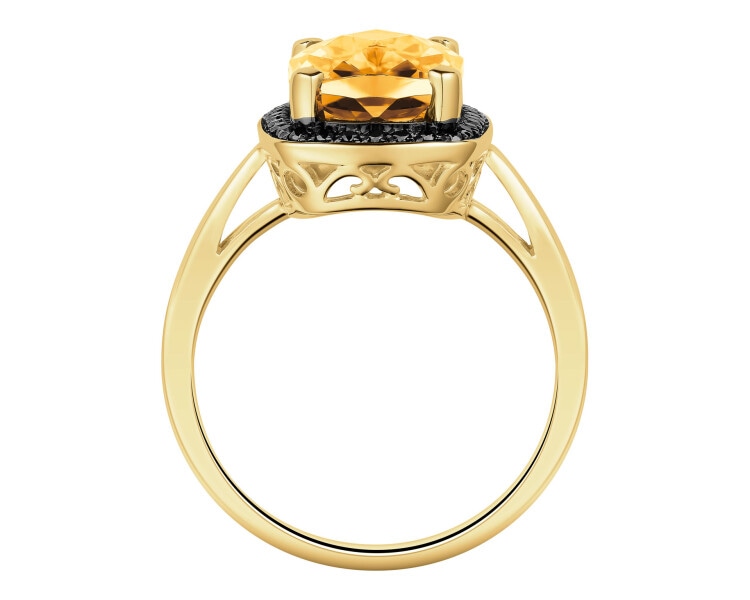 Pierścionek z żółtego złota z czarnymi brylantami i cytrynem - próba 585