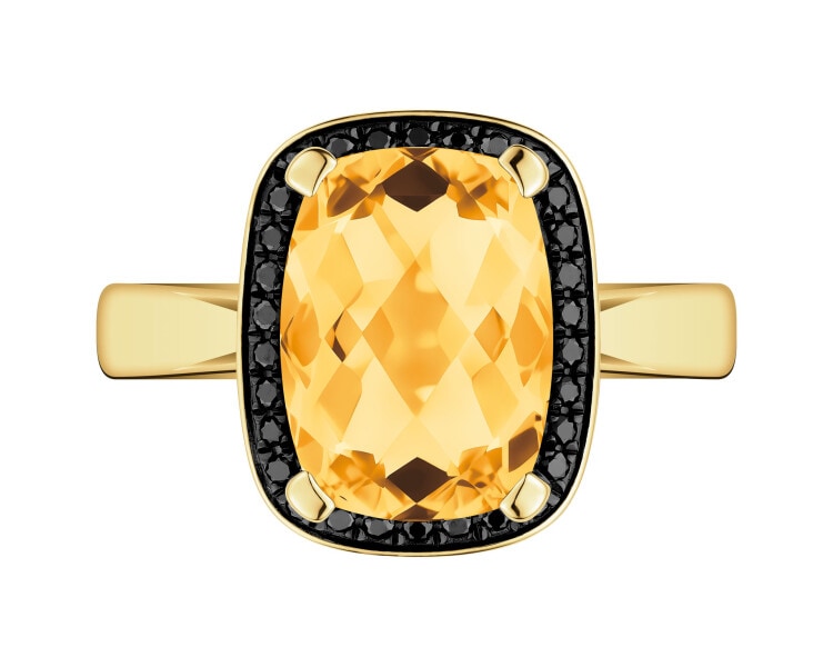 Pierścionek z żółtego złota z czarnymi brylantami i cytrynem - próba 585