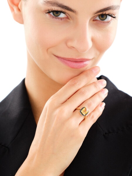 Pierścionek z żółtego złota z czarnymi brylantami i cytrynem - próba 585