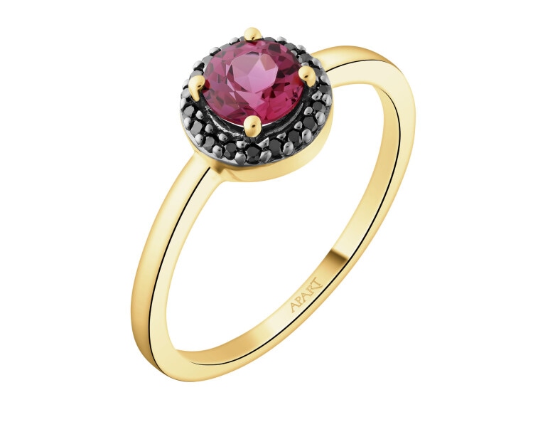 Pierścionek z żółtego złota z czarnymi brylantami i rodolitem - próba 585