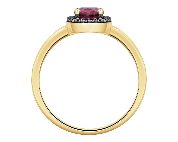 Pierścionek z żółtego złota z czarnymi brylantami i rodolitem - próba 585