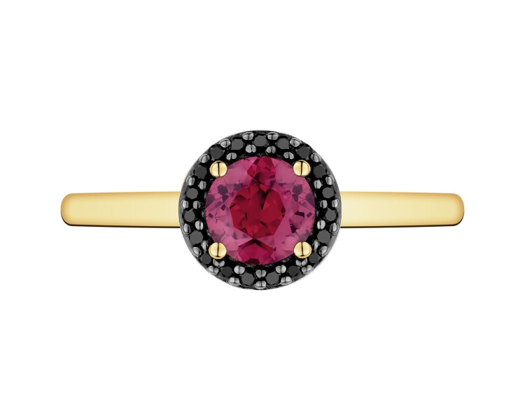 Pierścionek z żółtego złota z czarnymi brylantami i rodolitem - próba 585