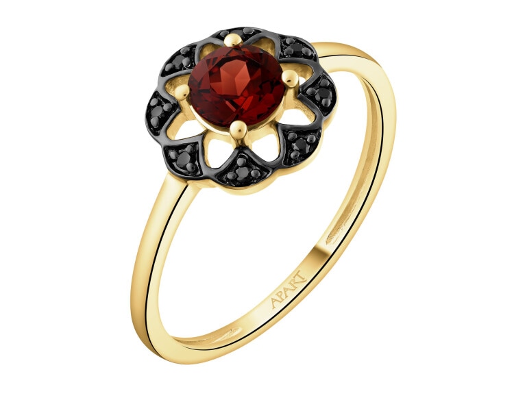 Pierścionek z żółtego złota z czarnymi brylantami i granatem - próba 585