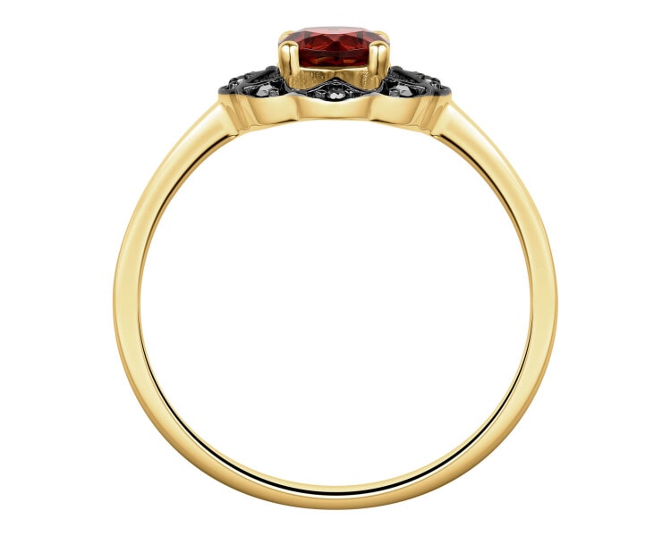 Pierścionek z żółtego złota z czarnymi brylantami i granatem - próba 585