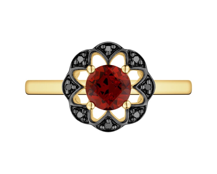 Pierścionek z żółtego złota z czarnymi brylantami i granatem - próba 585