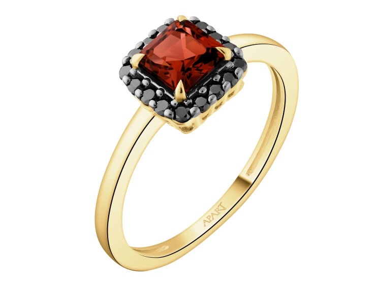 Pierścionek z żółtego złota z czarnymi brylantami i granatem - próba 585