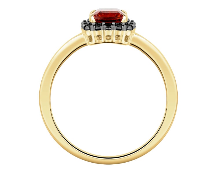 Pierścionek z żółtego złota z czarnymi brylantami i granatem - próba 585