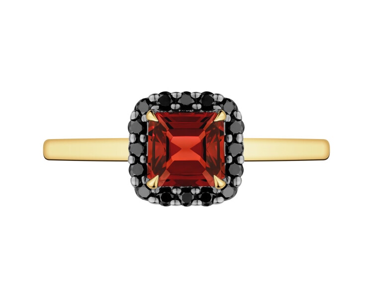 Pierścionek z żółtego złota z czarnymi brylantami i granatem - próba 585